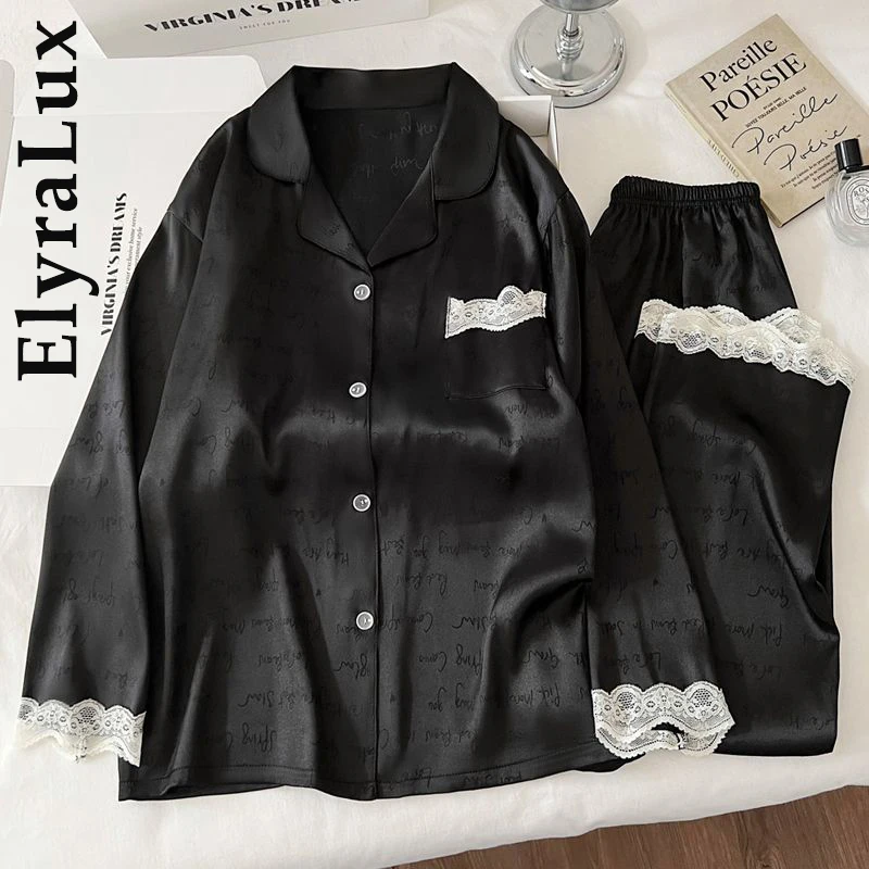 

ElyraLux Spring Autumn Women's Silk Sleepwear Long Sleeve Long Pants Home Clothes Set Pure Color Sweet Luxury Pajama Suit