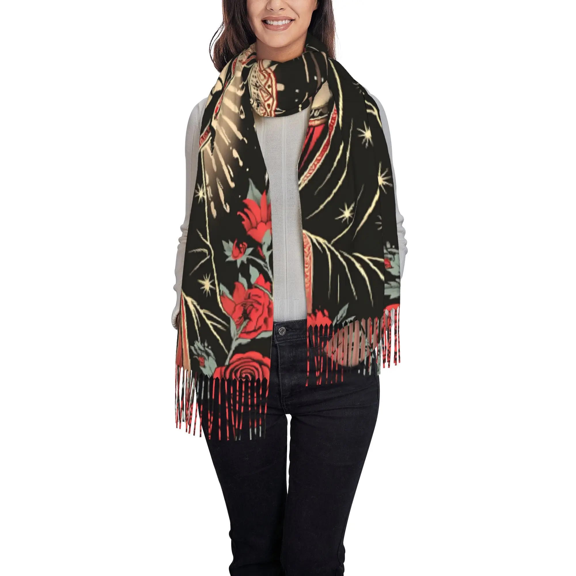 1 PC Rose Virgin Mary Graphic Shawls and Wrap  Winter Lightweight With Tassel Birthday Gift Tassel Scarf