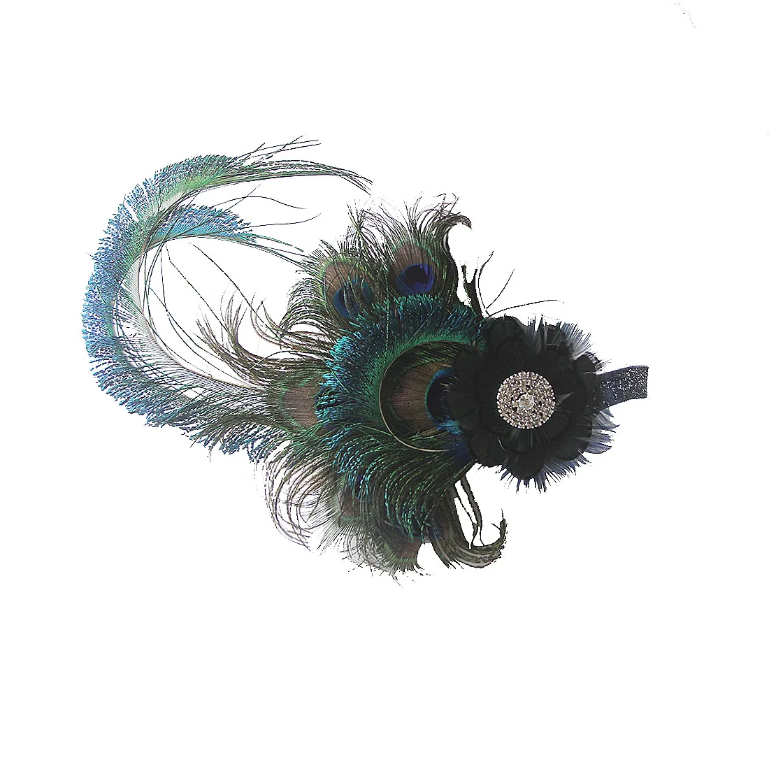Peacock Feather Elastic Hair Band , 1920s Flapper Gatsby Feather Headband, 20s Beaded Showgirl Headpiece