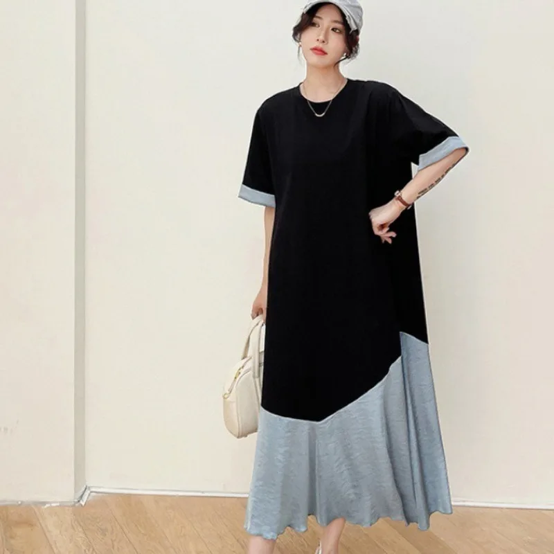 Vestido solto coreano 2025 verão novo longo algodão costura acetato cetim francês qualidade feminina rolo manga curta vestido