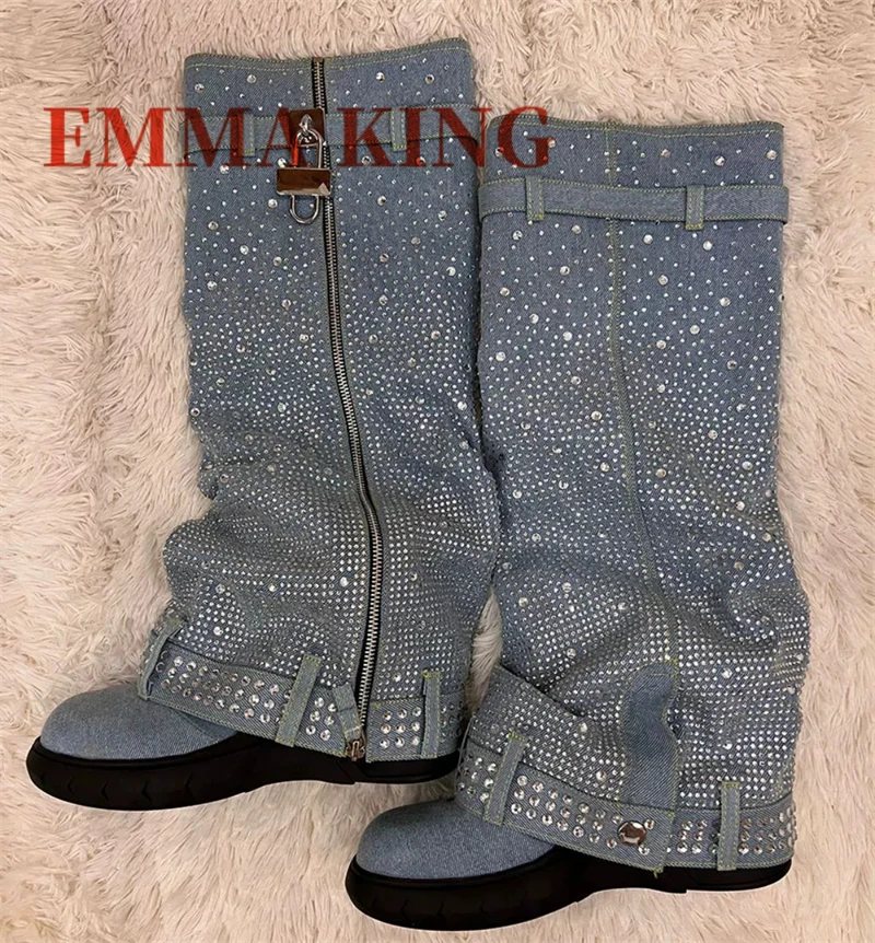 Luxury Designer Lock Crystal Thick Sole Mid Calf Boots Woman Platform Round Toe Long Womens Boots Winter Side Zipper Party Shoes