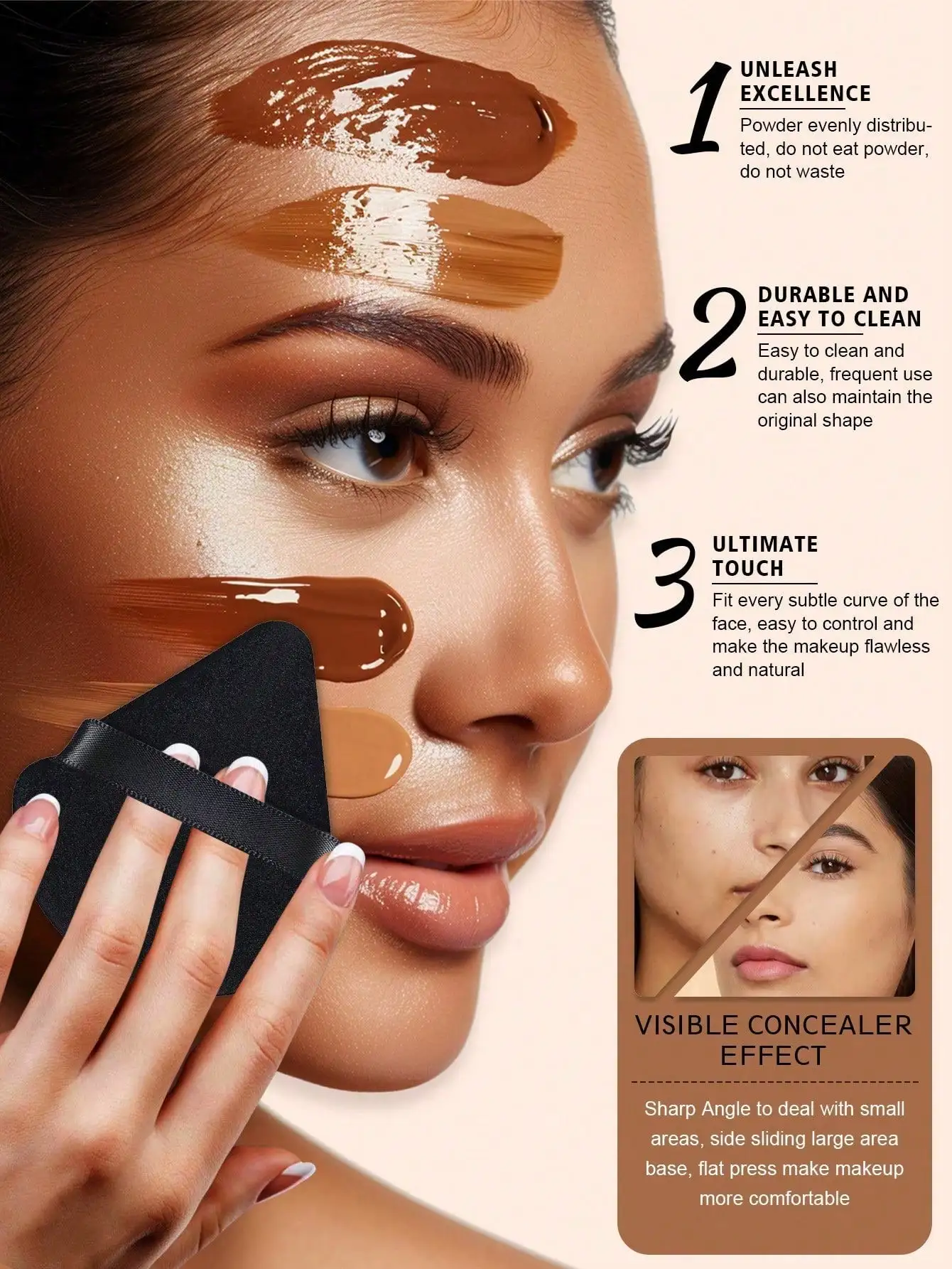 Sortierte schwarze Make-up-Puderquasten, dreieckige Fingerband-Puderquasten & tropfenförmige Schönheitsschwämme, Nass-Trocken-Kosmetikset – Detail 4