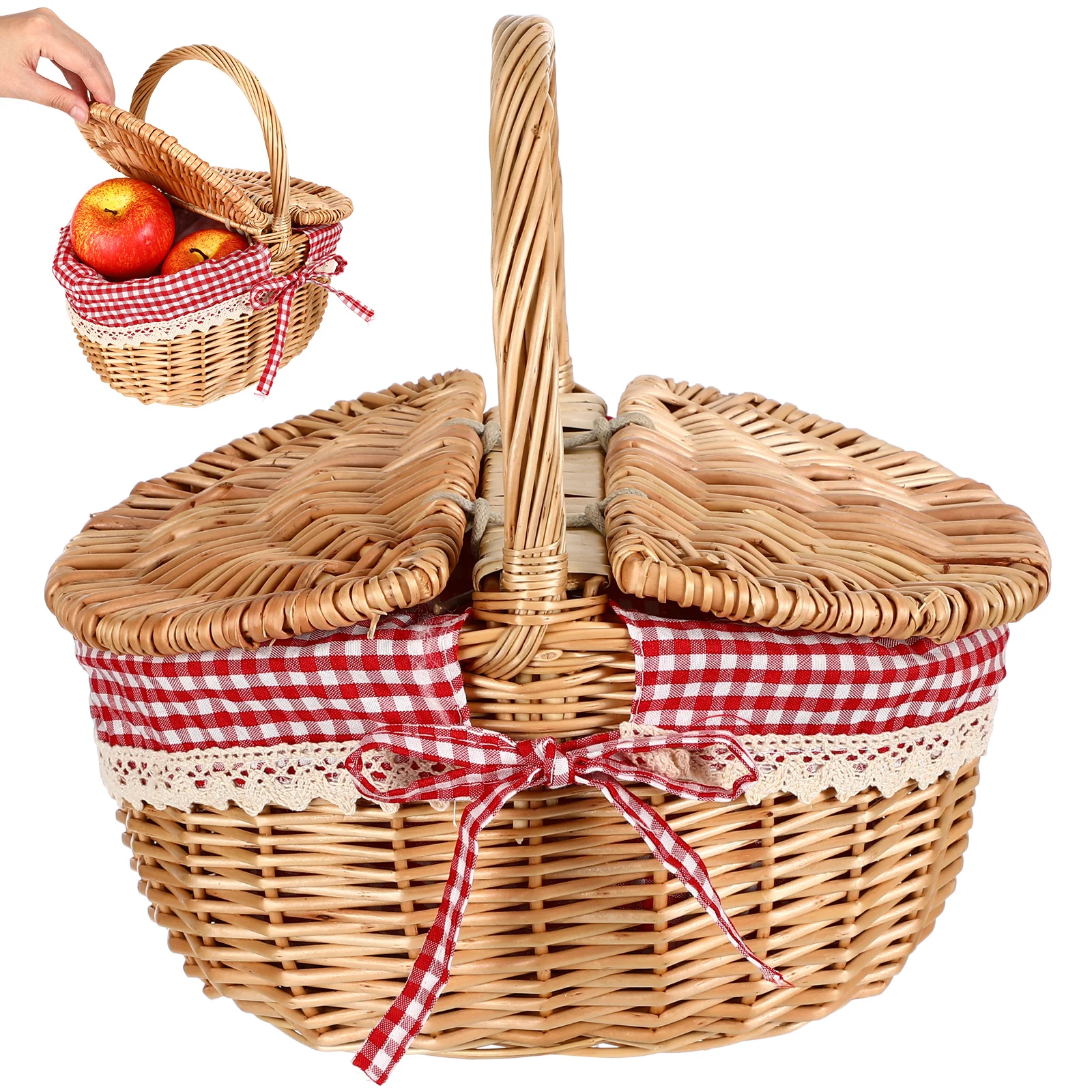 

Portable Food Storage Basket With Double Lids Wicker Picnic Basket For Travel Outdoor Use Multipurpose Woven Holder Fruit Snack
