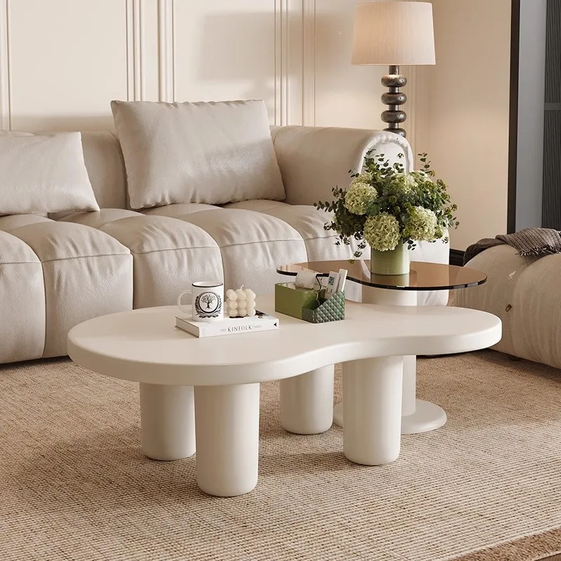 

Cream White Modern Coffee Tables Set of 2 in 1 Irregular Glass Top End Table Living Room Hotel Easy Assemble side table