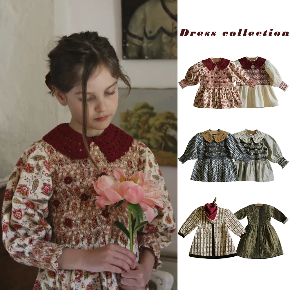 

Girls Dresses 2025 Autumn Winter Christmas Princess Dress Korean Children's Clothing Embroidered Flower Patterned Shirts Dress