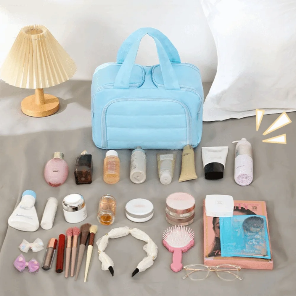 Multipocket Design Cosmetic Handbag Double Side Open Large Capacity Travel Toiletry Bag Double Zipper Checkered Pattern