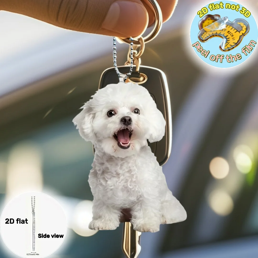 Cute Bichon Frise 2D Flat Acrylic Pendant Keychain,White Puppy Ornament Charm,Hanging Decor For Car,Bags,Home,Festive Party,Gift