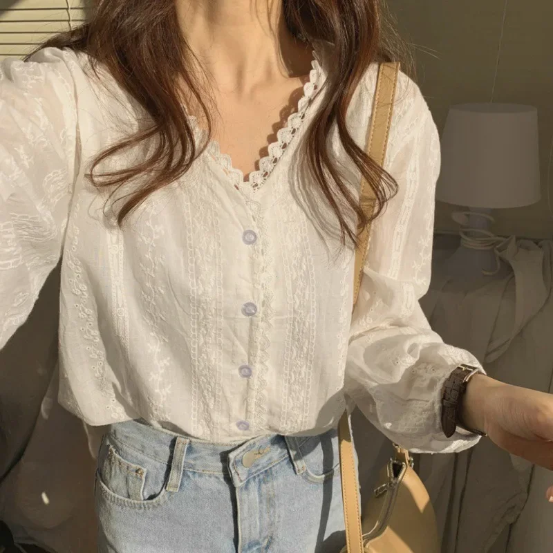 Elegant White Embroidered Hollow out V-Neck Blouse Spring Fashion Lace Patchwork Anti-Aging Chic Style for Young Women