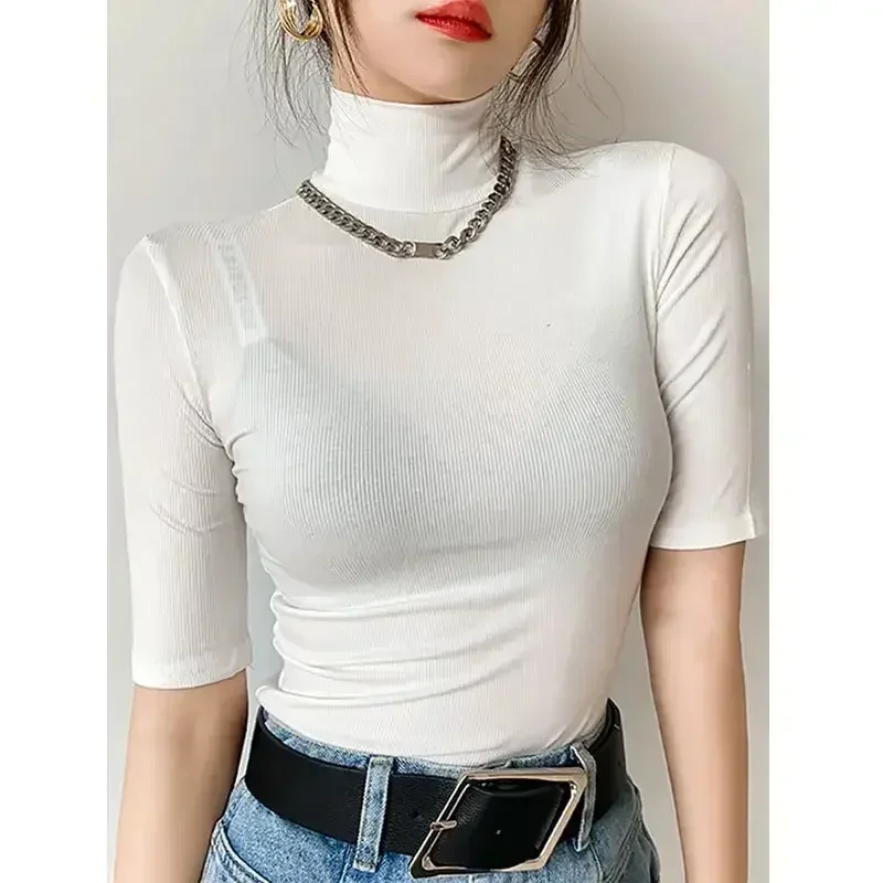 Basic Cotton Solid Color T Shirt Women Turtleneck Slim Tshirt Short Sleeve T-shirts Female Casual Elasticity White Tee Shirt