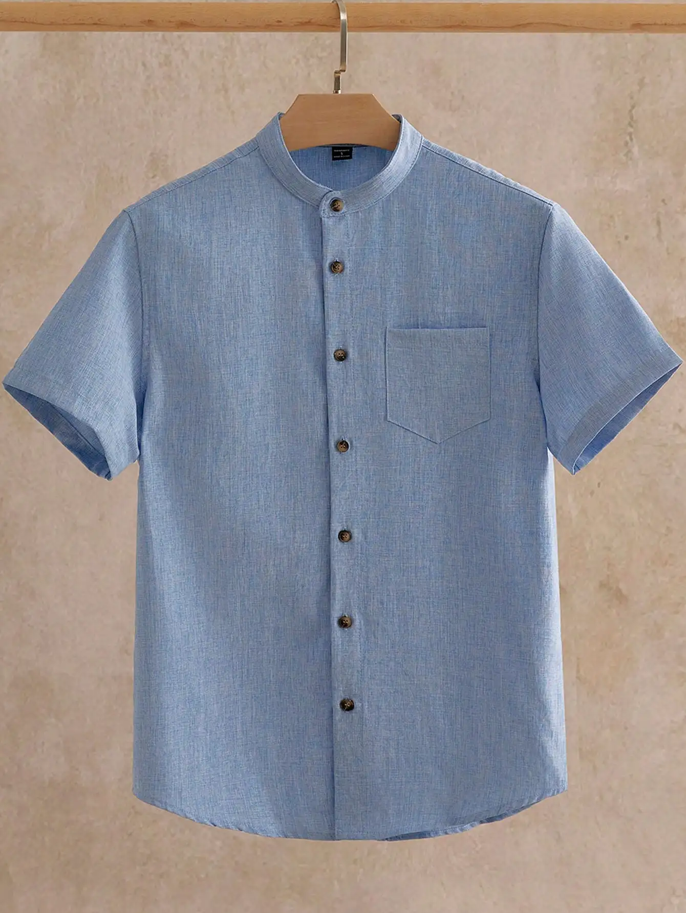 

Men's Light Blue Short Sleeve Mandarin Collar Woven Shirt
