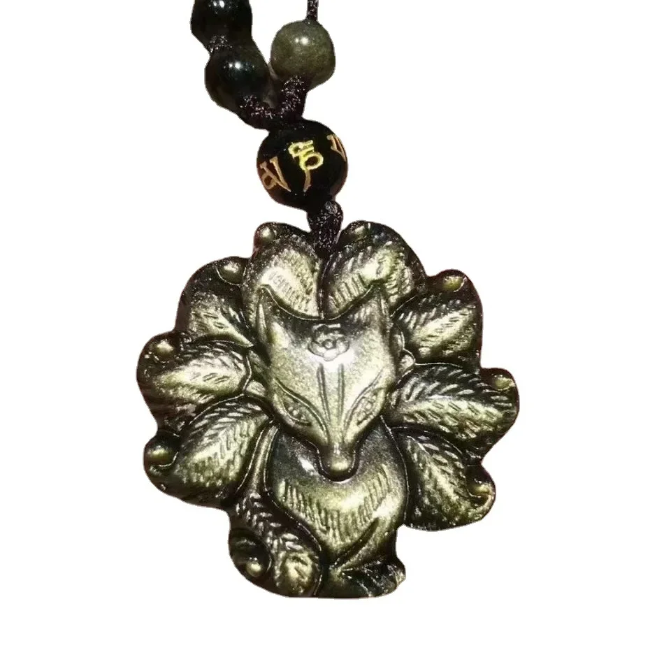 Golden Obsidian Nine tailed Fox Pendant Fashion Chinese Jadeite Amulet Necklace Gift Charm Women Natural Carved Jewelry Gemstone