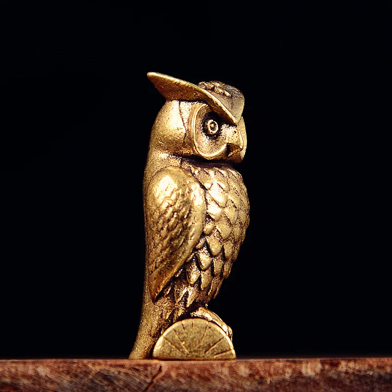 Antique Miscellaneous Collection Bronze Solid Standing Owl Keychain Pendant Brass Distressed Animal