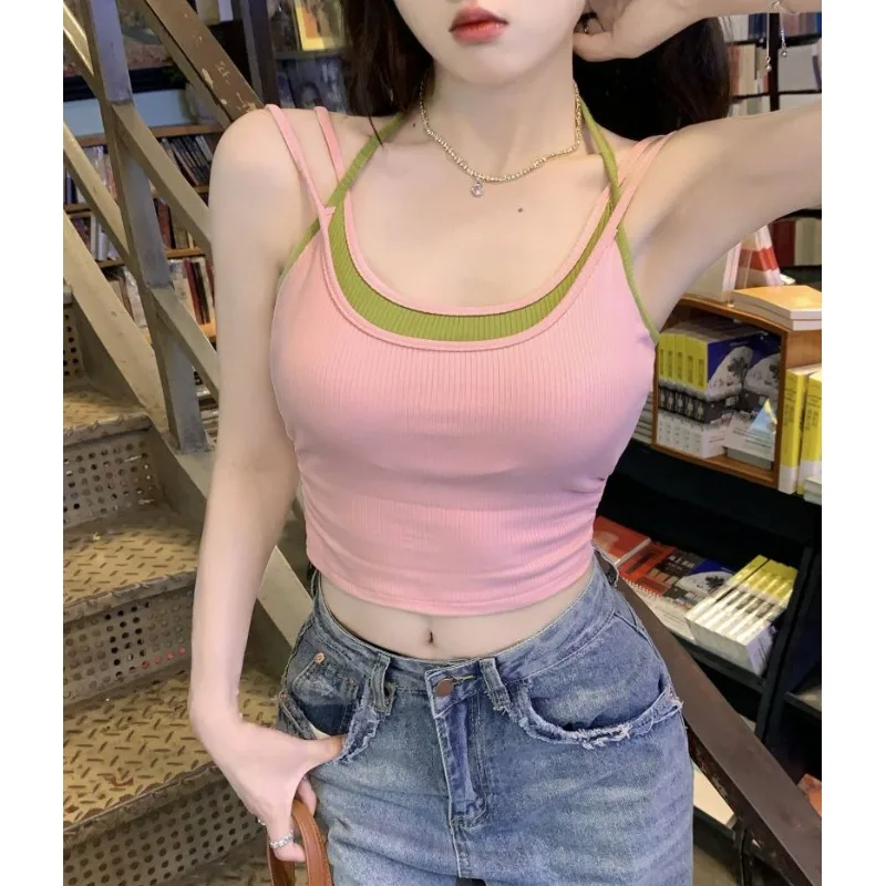 

Hanging Neck Fake Two Camisoles For Women In Summer, Sweet And Spicy, Stunning Inside And Out Top