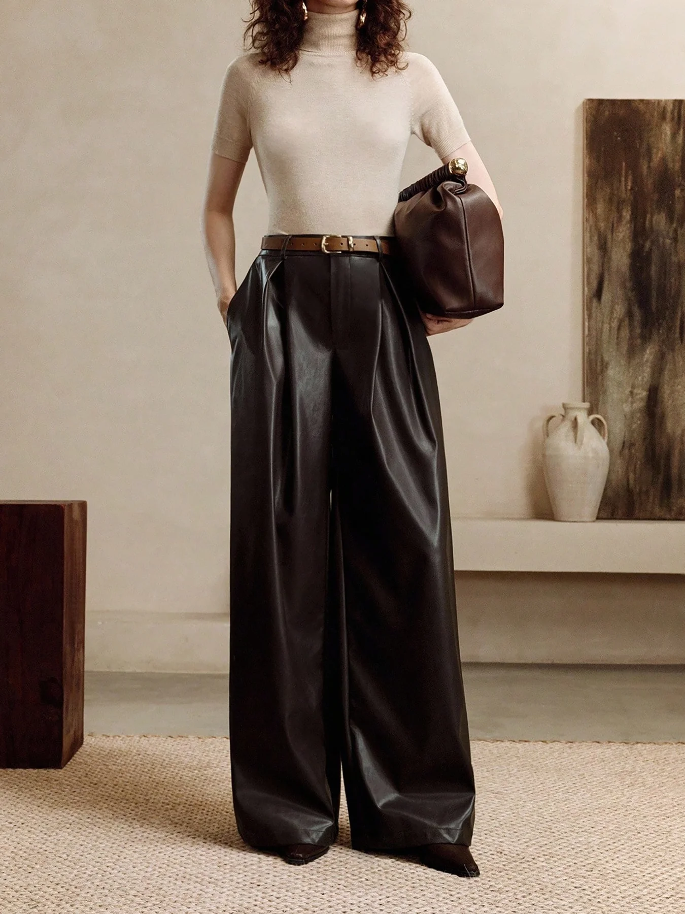 Pantaloni a vita alta a gamba dritta in pelle autunno e inverno da donna, pantaloni con tasche, pantaloni casual ed eleganti 803