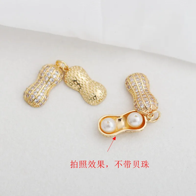18K Matte Gold-Plated 3D Peanut Pendant Inlaid Zircon, Symbolizing Good Luck, DIY Charms For Bracelets, Necklaces & Earrings