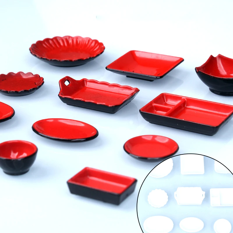 

12Pcs/Set Dollhouse Miniature Food Dishes Tableware Trays Plates Model Doll House Kitchen Accessories Toy