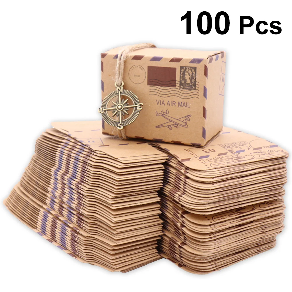 

100pcs Kraft Paper Candy Box Wedding Favors Candy Gift Holder Bags Wedding Party Birthday Party Gift Boxes with Compass Rope