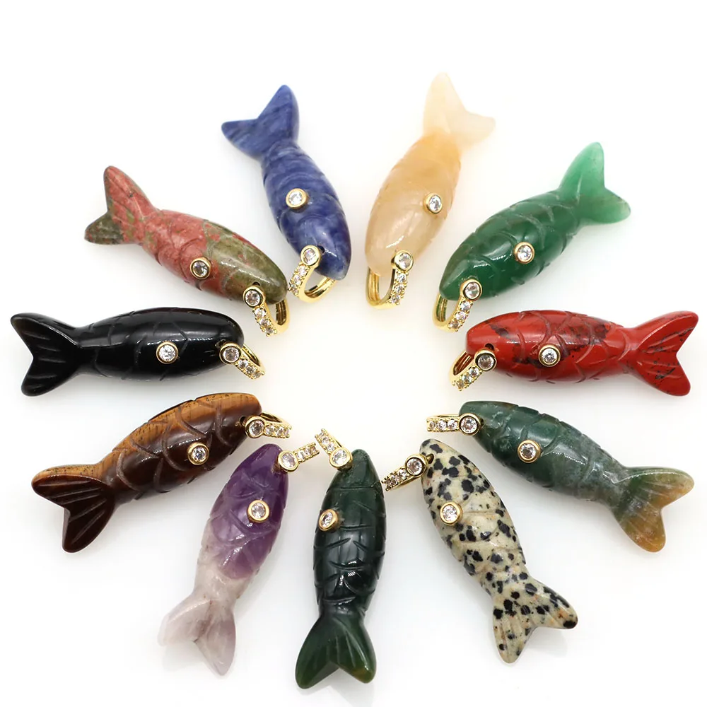 Fish Shape Natural Stones Inlaid Zircon Healing Crystal Amethyst Rose Quartz Carved Gemstone for DIY Jewelry Accessories