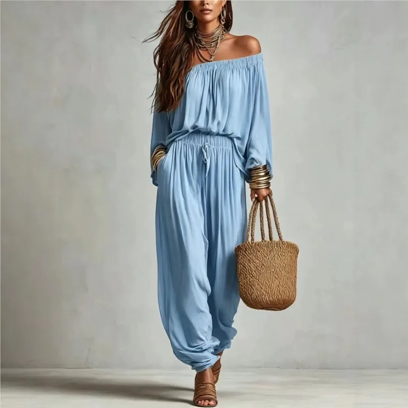 Women's Loose Off-the-shoulder Lazy Style Solid Pant Two Piece Sets Spring Autumn Casual High Waist Pocket Harem Pants Suits
