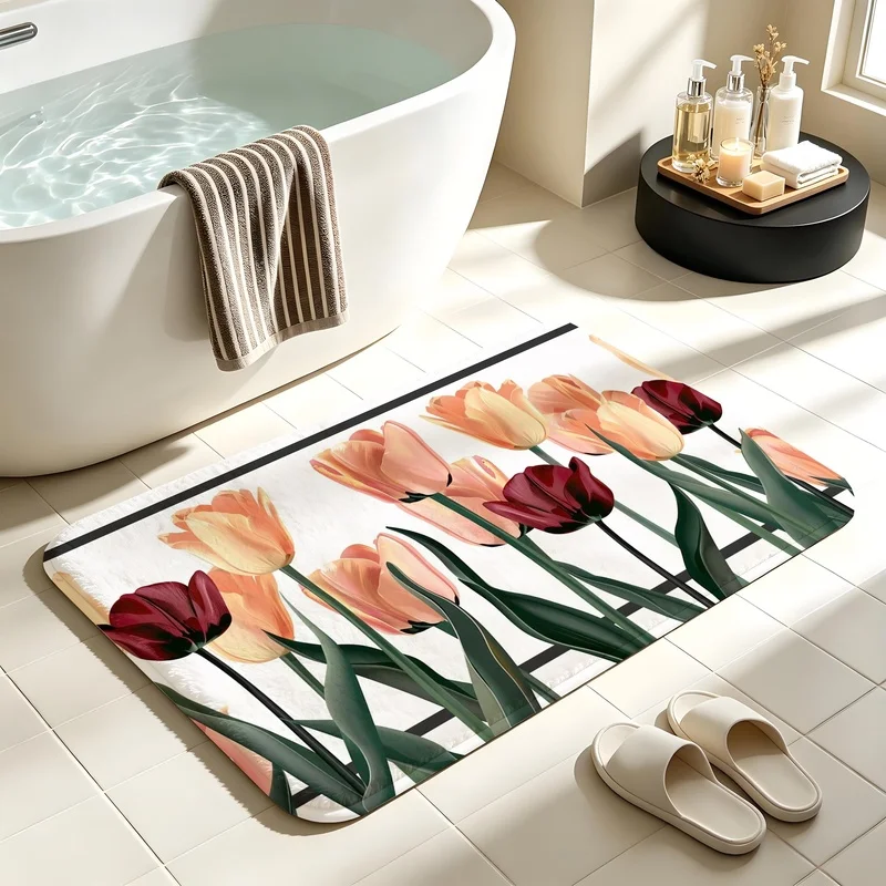 Vintage Tulip Floral Print Doormat Non Slip Absorbent Floor Mat Home Entryway Bathroom Decor Rug