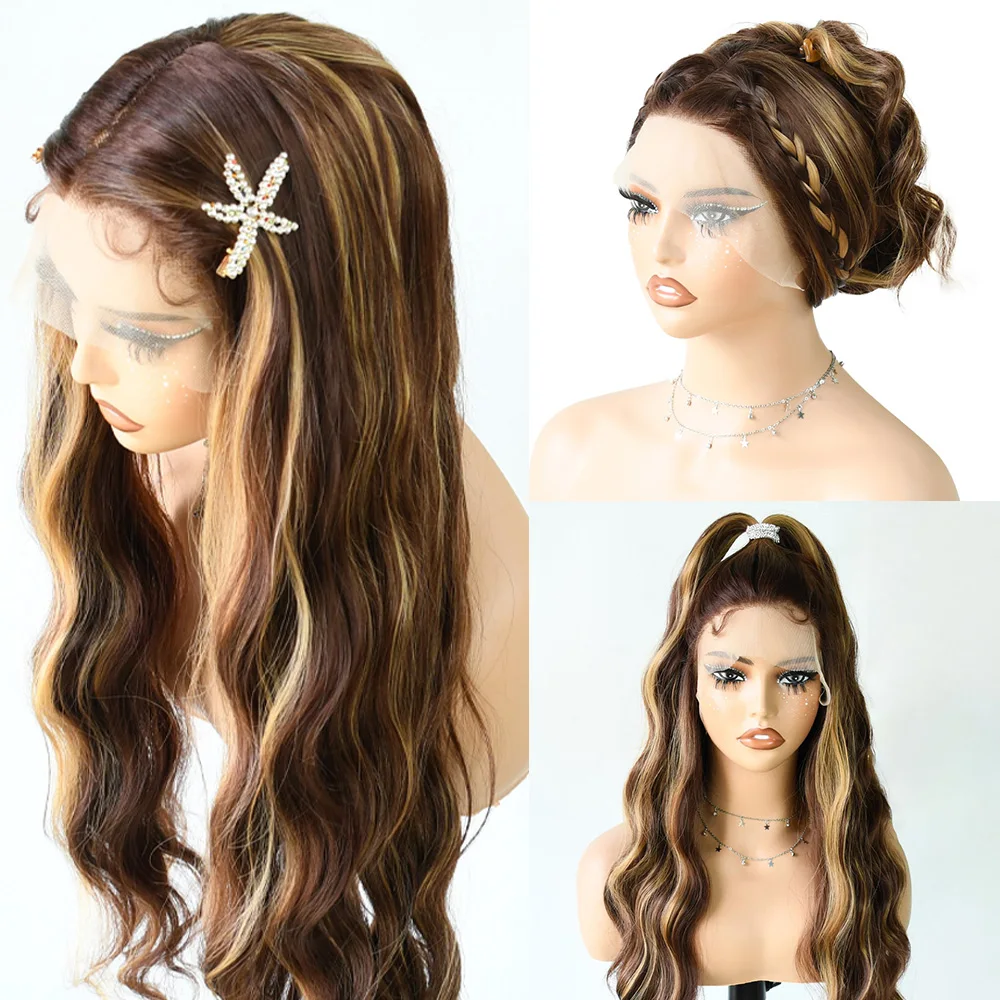 Destaque peruca longa onda do corpo perucas frontais do laço sintético 13x4 hd marrom loira sem cola de alta qualidade pré arrancado cosplay perruque