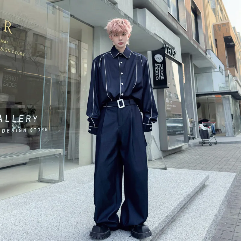 

Комплект из двух предметов: мужская рубашка с длинным рукавом и прямые брюки, однотонные, с контрастной отделкой, весна 2026, стильный повседневный кэжуал, W18588