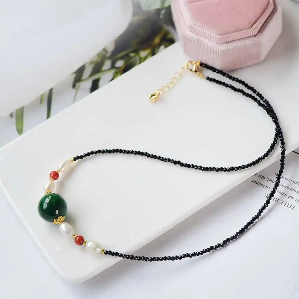 

Freshwater Pearl Black Spinel Chrysoprase Beads Necklace Pray Yoga Taseel Gift Elegant Handmade Seven Chakras Inspiration