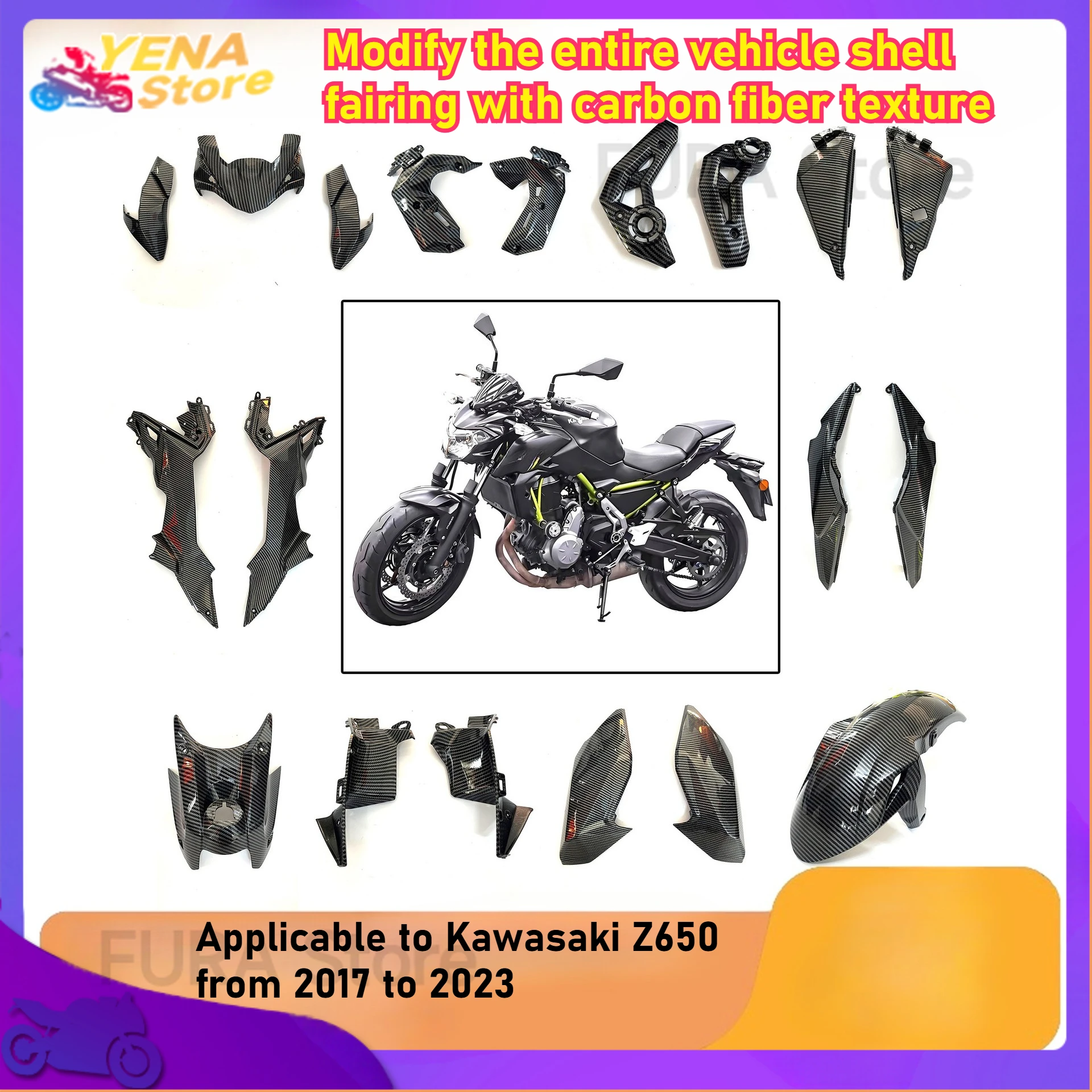 

Suitable for the full-vehicle carbon fiber fairing motorcycle body modification accessories of Kawasaki Z650 from 2017 to 2023