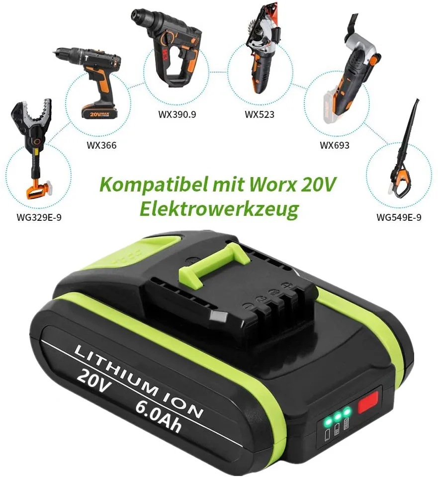 Ersetzen Worx 6.0 Ah 20V Lithium-Ionen Batterie WA3551 WA3553 WA3551 WA3556 WA3572 WA3641 WA3553.for AllPower Werkzeuge Von Worx