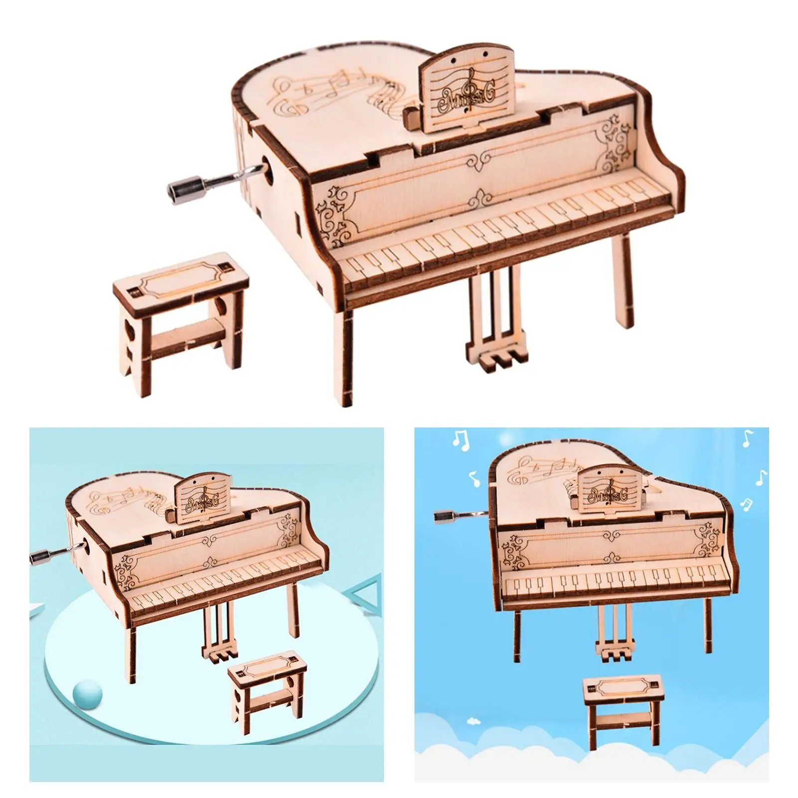 DIY 3D Wooden Grand Piano Hand Crank Wooden Music Box Assembly Toy