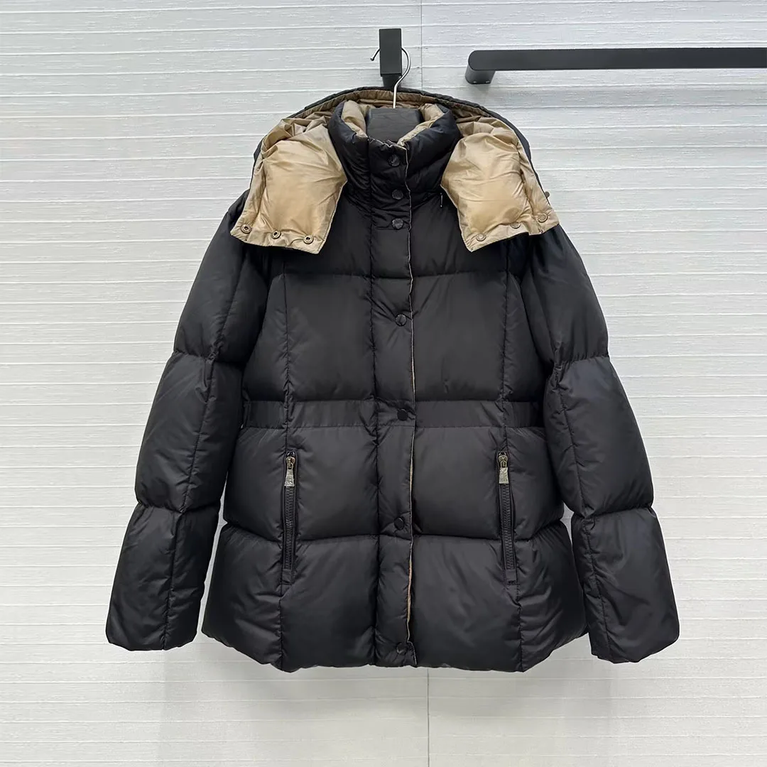 

2025 New Winter Thick White Goose Down Coat Women Hooded Long Sleeve Zipper Pocket Plaid Quilting Slim Waist Casual Jacket