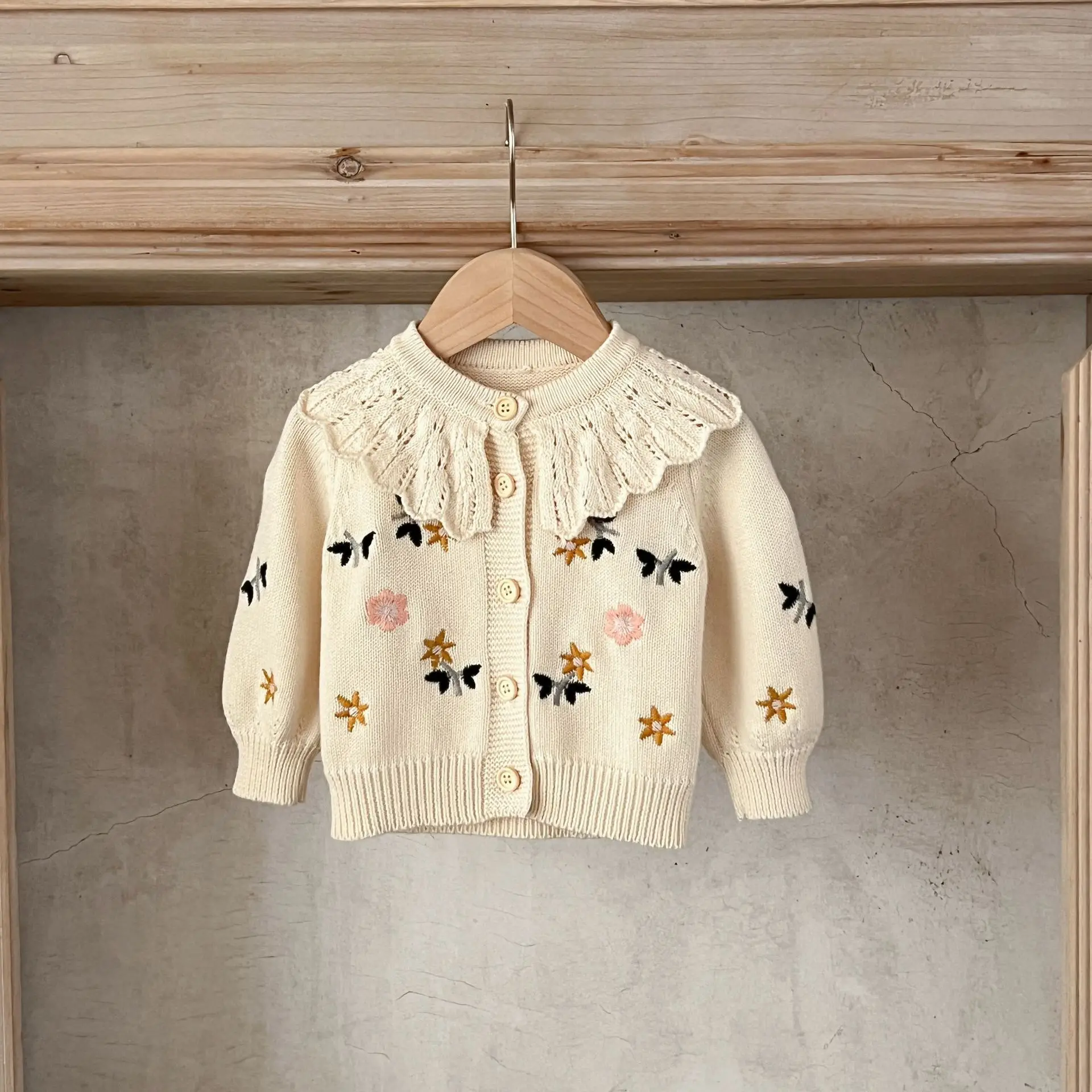 Autumn Little Girl Cardigans Floral Embroidery Infant Baby Girl Knitwear Lace Ruffle Collar Long Sleeve Cotton Kid Girl Sweaters