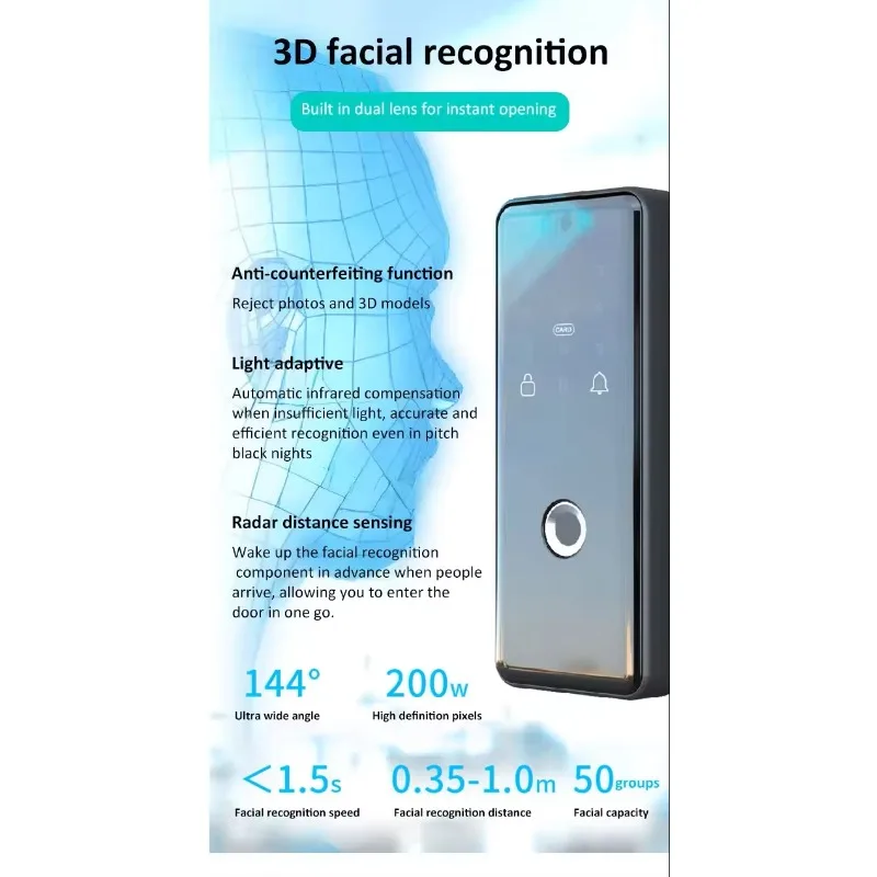 STLF 투야 앱 스마트 3D 얼굴 인식 지문 비밀번호 카드 결합 잠금장치 와이파이 홈 보안 도어락