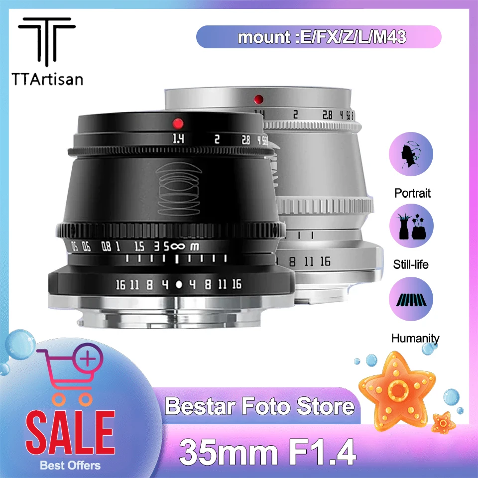 

TTArtisan 35mm F1.4 APS-C Manual Focus Large Aperture Mirrorless Camera Lens for Sony A6000 Nikon Z50 Canon M2 Panasonic G2