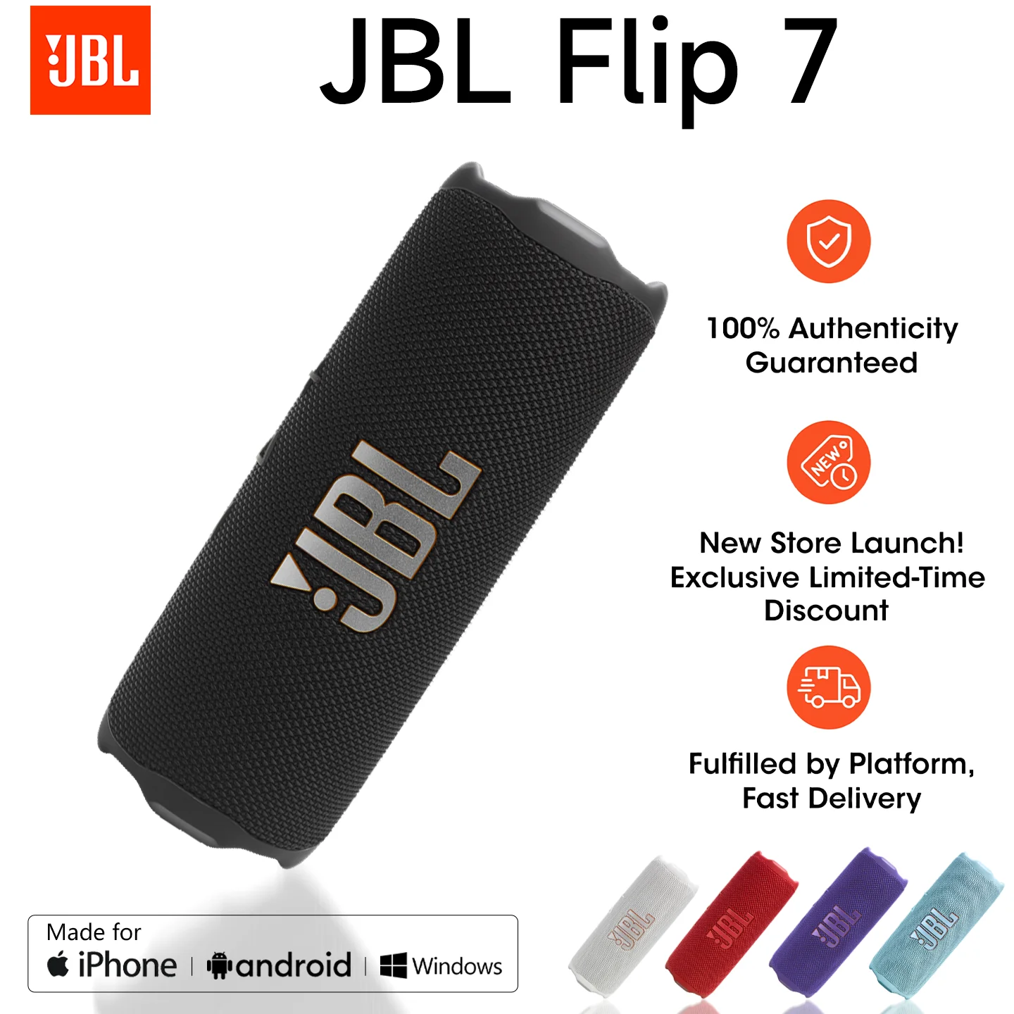 JBL Flip 7 Portable Bluetooth Speaker, Waterproof and Drop-Proof - Black | Up To 16 Hours Playtime, IP68 Dustproof Build