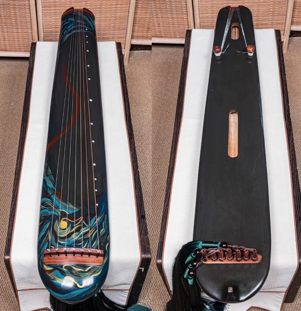 Guqin de style Húndun en sapin chinois vieilli, laqué brut, finition dorée peinte à la main, instrument à cordes traditionnel chinois