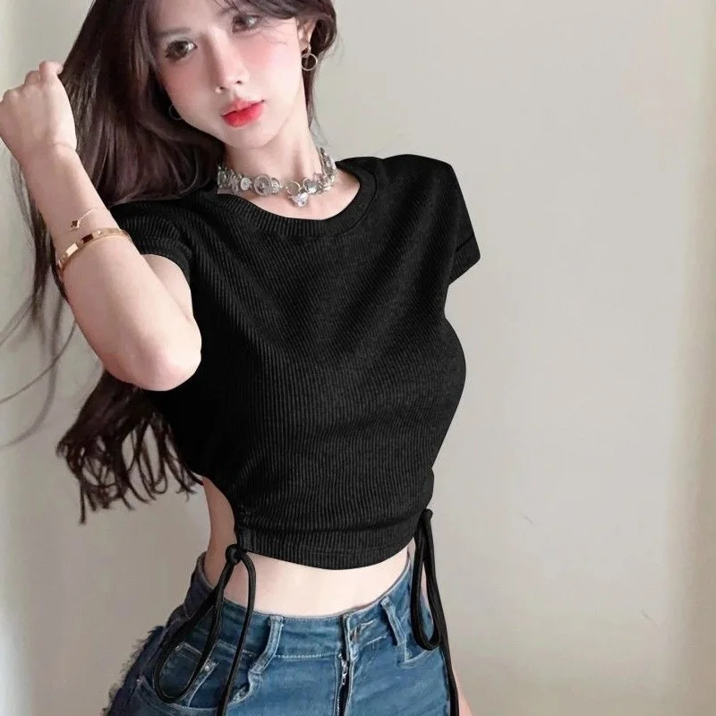 Fashionable Solid Color Drawstring Ladies Pullovers Summer Slim O-neck Tops Temperament Sexy T-Shirts Black Women\'s Clothing