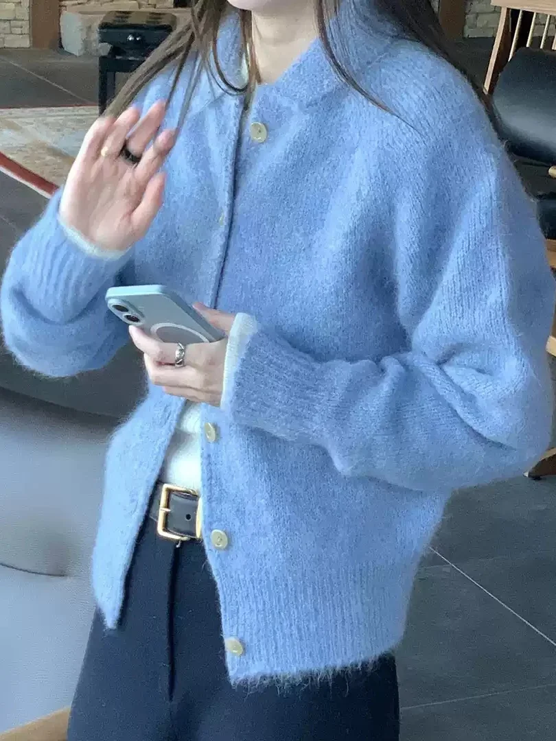 

Korean mat Blue Collar Knitted Open Cardigan Women's Loose Versatile Sweater Jaet Gentle Sle Autumn Winter Ne...