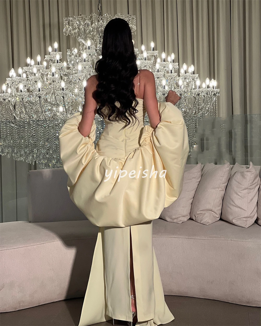 

Customized Fashion Women Jersey Ruched Pleat Straight Evening Dresses Sexy Simple Strapless Sleeveless Floor Lenght Prom Dresses
