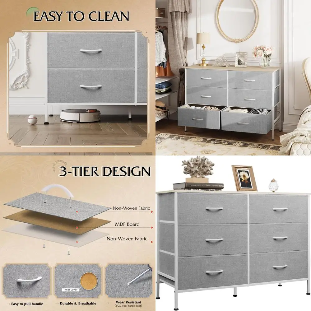 

Light Grey 6-Drawer Bedroom Dresser, Wide Fabric TV Stand for 50 TVs with Metal Frame and Wooden Top, Storage Organizer for Livi