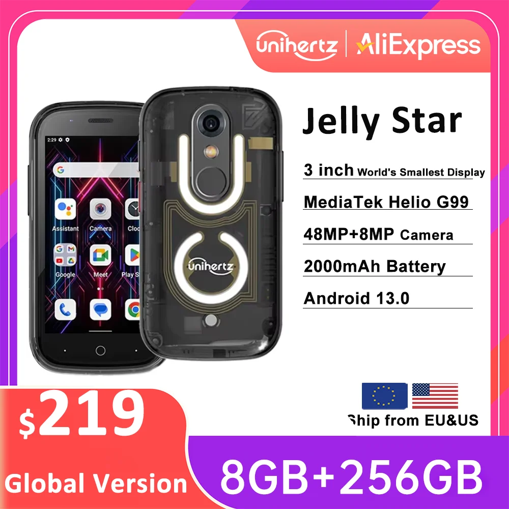 Unihertz Jelly Star Smallest Android 13 Smartphone 8GB 256GB Led Light Transparent Backshell Mobile Phone 48MP 3inch Cellphones