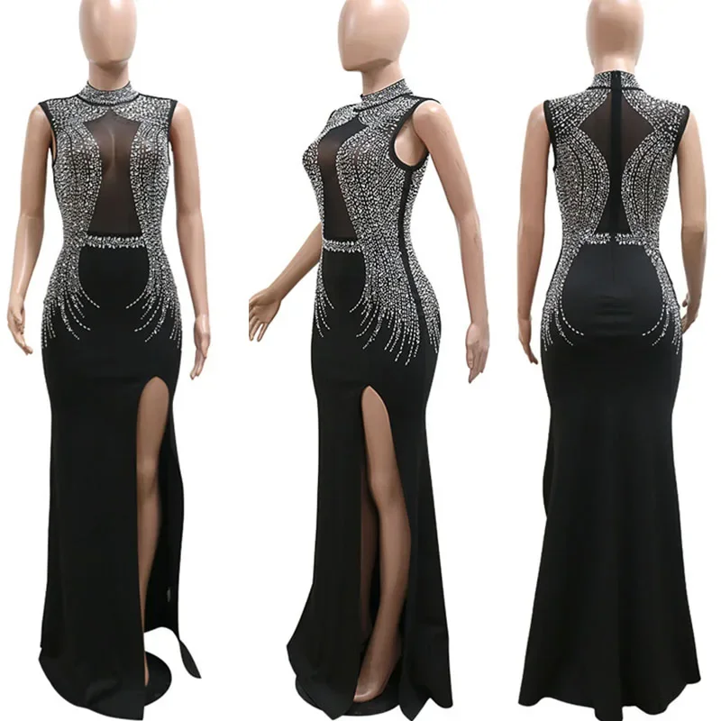Robe de Soirée Longue en Maille et Strass Transparente pour Femme, Tenue Élégante de Luxe en Forme de Sirène, Fente Haute, Patchwork