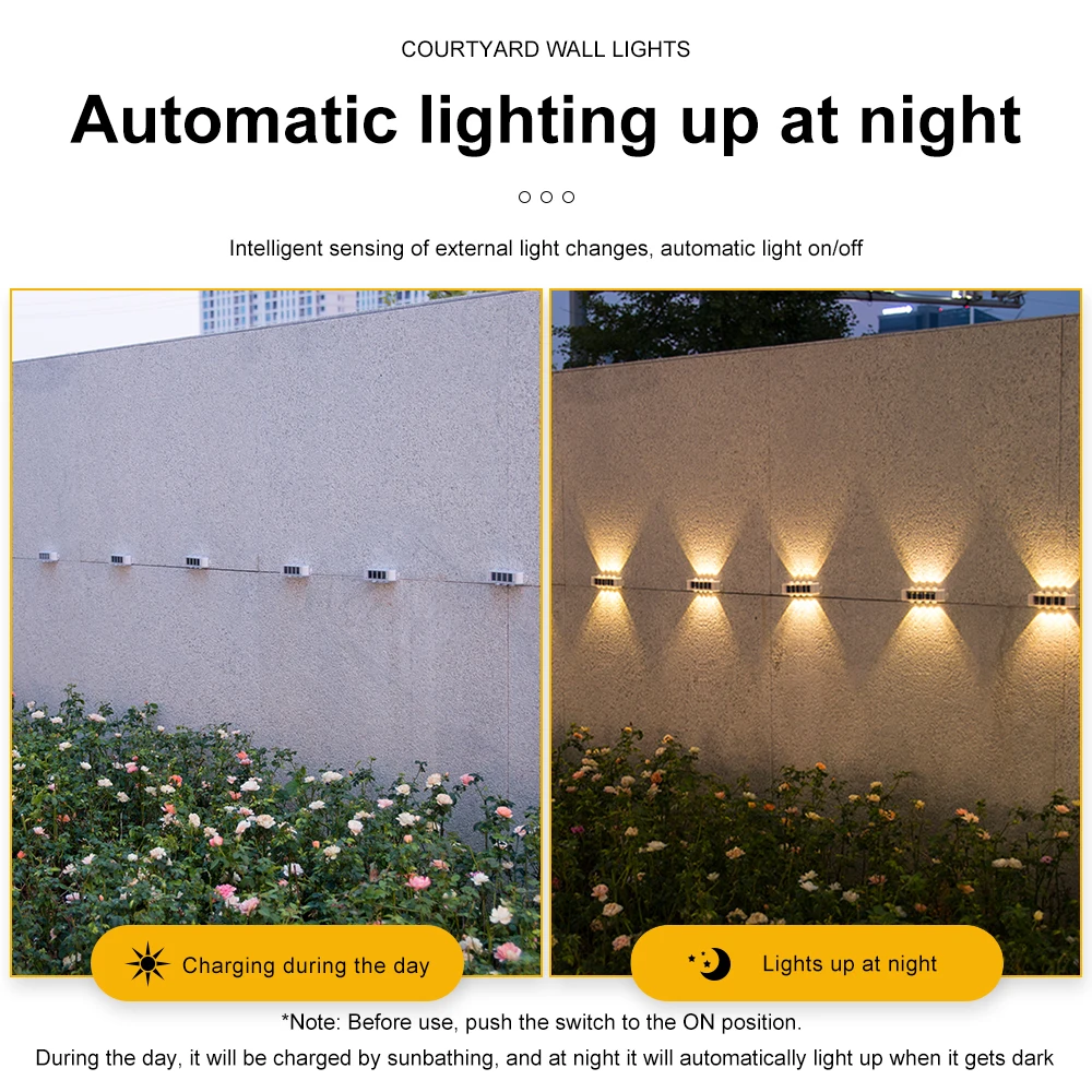 4 Stück Solar-Wandleuchten, 8 LEDs, warmweißes Licht, wasserdicht, für den Außenbereich, mit automatischer Ein-/Ausschaltfunktion, einfache Installation, ideal für die Dekoration von Innenhöfen, Gärten und Zäunen. – Detail 3