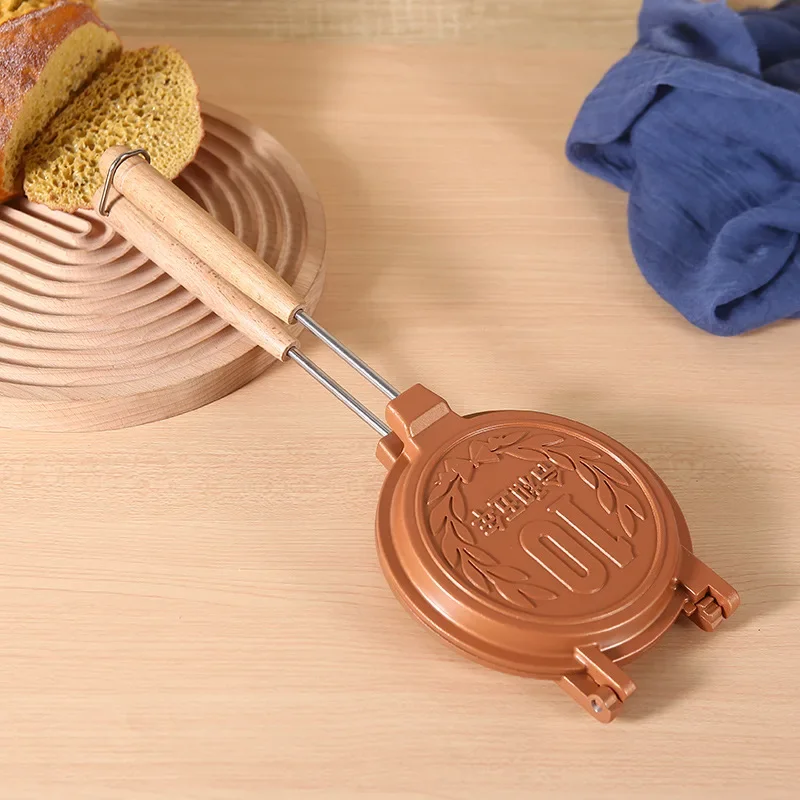 Japanese Coin Shaped Pancake Double Pan Wooden Handle Non-Stick Aluminum Sandwich Waffle Baking Tray Home Cooking Party Dessert