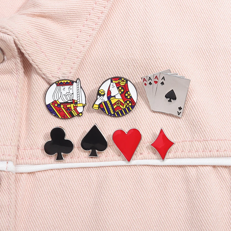 Playing Cards Enamel Pins Custom Poker King Queen Spade Heart Club Brooches Lapel Badges Punk Jewelry Gift for Kids Friends