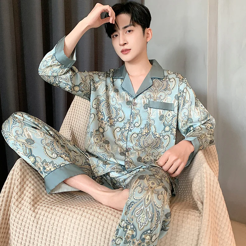 

3XL подходит 99 кг, шелковый пижамный комплект с длинными рукавами и мужской пижамный комплект, шорты, шелковая пижама с пятнами, черная мужская пижама, мужская одежда для сна