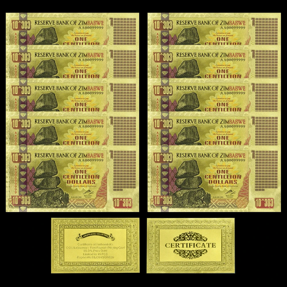 Zimbabwe Gold Foil Banknotes One Centillion Dollar with Fluorescent Effect Business Gift