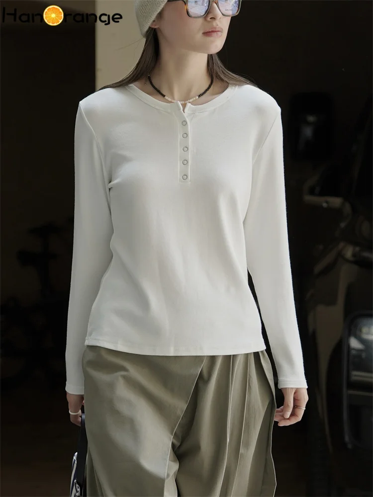 

HanOrange 2025 Autumn Simple O-neck Half Open Collar T-shirt Women Casual Top White/Black/Gray