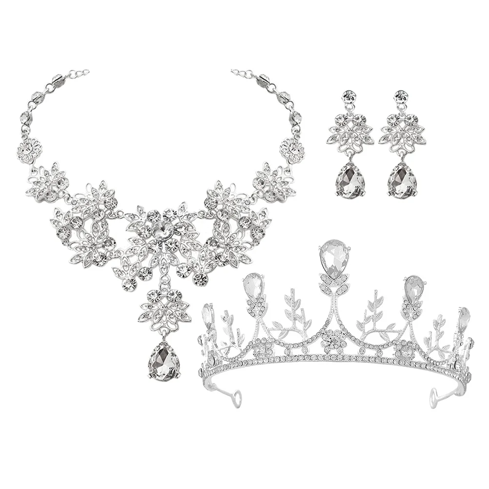 

1Set Wedding Bride Rhinestone Crown Necklace Earrings Jewelry Set Long-Lasting Zinc Alloy for Party Gift Rhinestone Jewelry Set