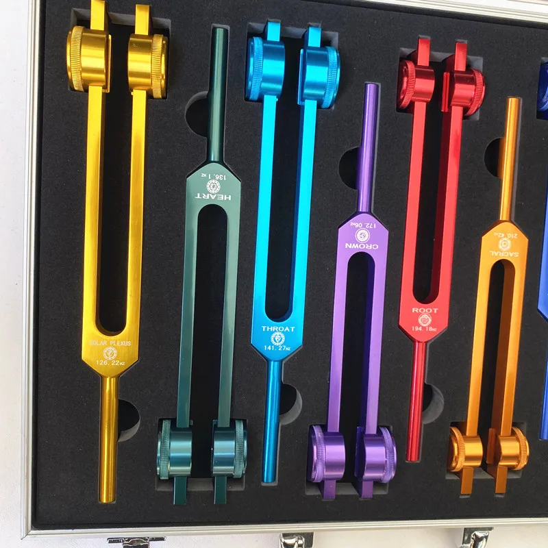 Colorful Tuning Fork 126.22 136.1 141.27 172.06 194.18 210.42 221.23 OM Aluminum Box Tuning Forks Set Healing Musical Percussion